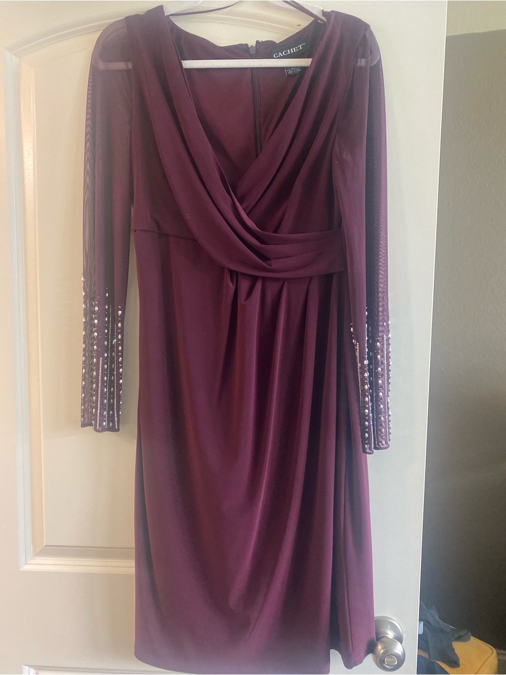 Cachet Wine Long Sleeve Draped Sheath Dress with Beaded Sleeves